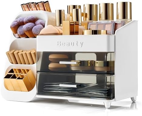 Makeup Organizer for Vanity with Brush Holder, Countertop Makeup organizer with Drawers for Skincare, Cosmetics, Perfume