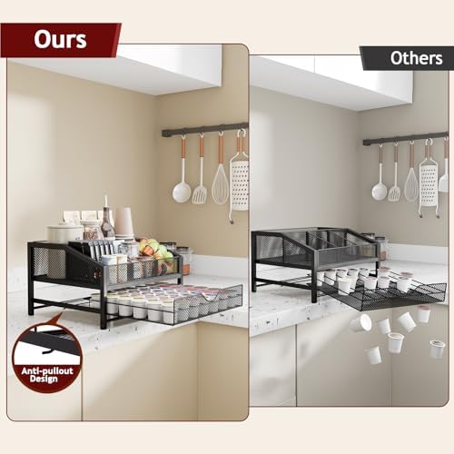 Homsorout Coffee Bar Organizer, Metal & Wood Coffee Station Holds 42 K Cup