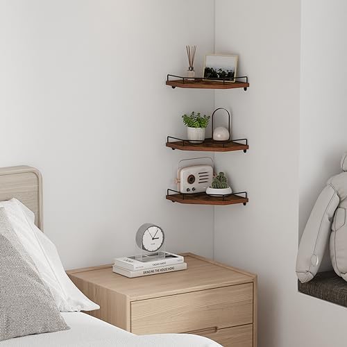 HORLIMER Set of 3 Floating Corner Shelf Wall Mount with Fence, Brown