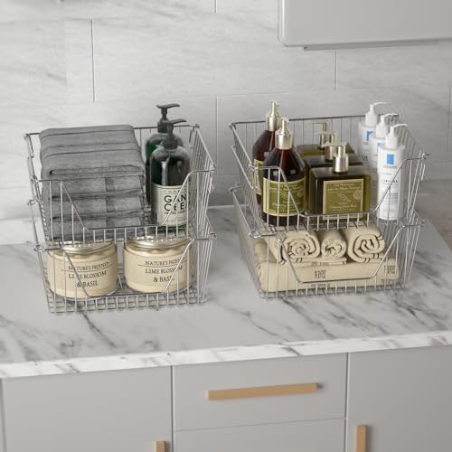 Slideep 14" Large Stackable Storage Baskets, Cabinet Organizer Sturdy Metal Wire Pantry Freezer Bin for Pantry Home Bath