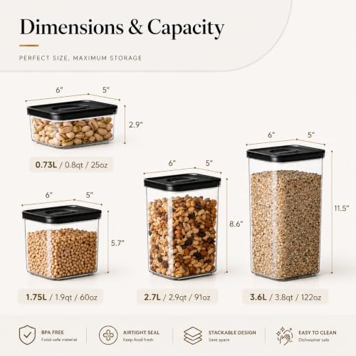 Neoflam Smart Seal Airtight Food Storage Containers Set of 3, 0.73L Pantry Containers for Cereal, Flour, Rice & Dry Food, Stackable BPA-Free Clear Canisters with Twist Lock Lids, Black, 25 oz