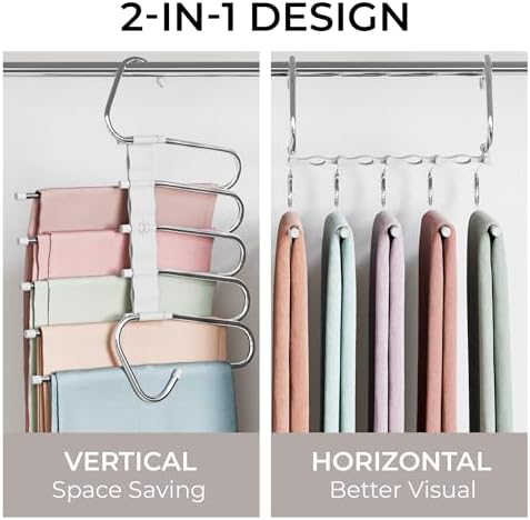 MORALVE Pants Hangers Space Saving - 2 Pack - Non-Slip Multi-Layer Space Saving Hangers - Multifunctional Clothing Rack for Closet Storage - Ideal for Jeans, Trousers, Skirts, Scarves & Slacks (White)