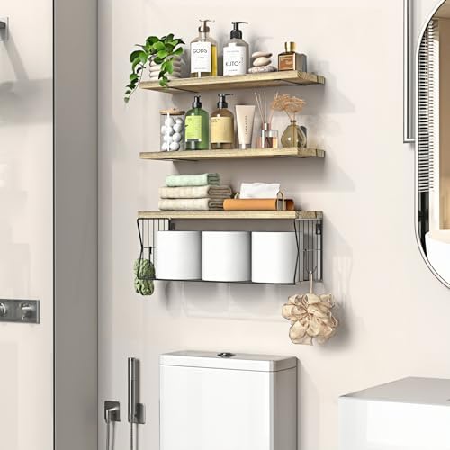 Floating Bathroom Shelves Wall Mounted - Wooden Shelf Set of 3 for Over Toilet Storage & Farmhouse Bathroom Decor - Perf