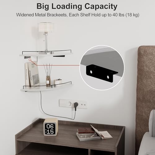 JJL Corner Shelf Wall Mounted, 12 Inches 2-Tier Floating Corner Shelf, Fan-Shaped Rustic Wood Decor with Fence, White Fl