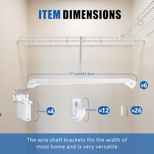 12 Inch Wire Shelf Brackets Set, 6 Pcs Support Brackets Kit for Wire Shelving, Include Mental Closet Support Brace, Down