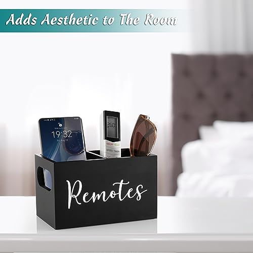 DRASTAR Remote Control Holder, Wood TV Remote Holder, Remote Storage Caddy, Remote Control Organizer (Black, 2 Slots)