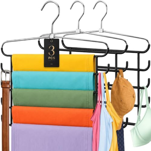 HEYHOUSE 3 Pack Heavy Duty 5-Tier Metal Pants Hangers Space Saving