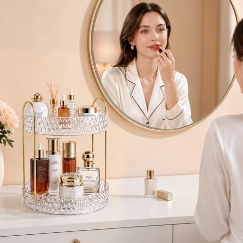 Large Capacity Rotating Makeup Organizer Perfume Stand Holder, 2 Tier Clear
