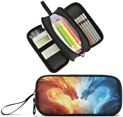Wfrish Red Dragon Fire Blue Large Capacity Pencil Case, 3 Compartments Pen Pouch Organizer for School College Office, Zippers Big Pencil Bag for Teens Adults Girls Boys Makeup
