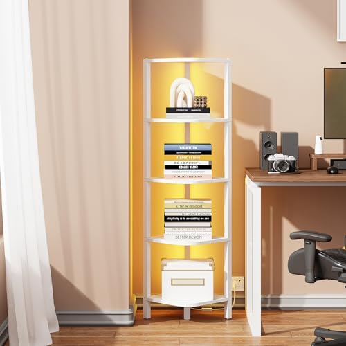TUTOTAK Corner Shelf with LED Light, 5-Tier Corner Bookshelf