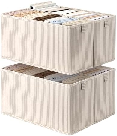 StorageWorks Narrow Storage Bins for Closet Shelves, Khaki Stripe, 4-Pack