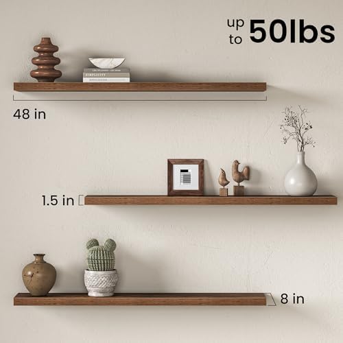 48" Floating Shelves for Wall, Set of 2, 8" Deep, 1.5" Thick, Brown
