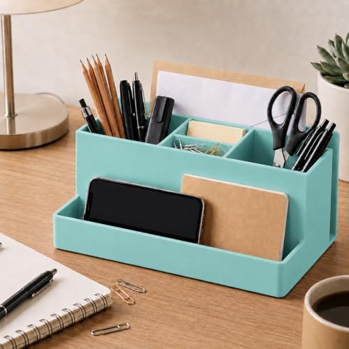 Acrimet Desktop Organizer - Multi Organizer Caddy Holder for Office, Home and School use (Plastic) (Solid Green Color)