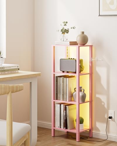 Open Book Shelf with LED Lights, 4 Tier Small Bookshelf, Freestanding Shelf Narrow Bookcase with Open Shelves, 14.96" x 