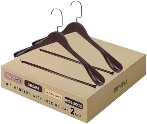 Wide Shoulder Wooden Hangers with Locking Bar, Dark Cherry, 2-Pack
