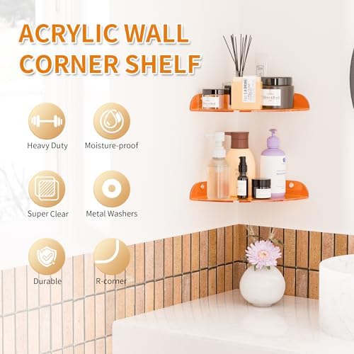Sezanrpt 7x7 Inch Corner Shelf Wall Mount Set of 2, Orange Acrylic Corner Floating Shelves, Corner Wall Organizer Shelf 