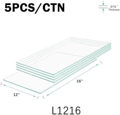 12" x 16" - 5-Pcs Tempered Glass Rectangular Shelves - 3/16" Thick - Home & Office Storage Racks