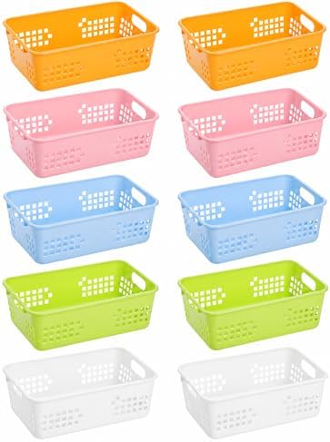 Jucoan 10 Pack Plastic Storage Baskets, 10.5 x 7 x 3.5 Inch Colorful Classroom Storage Organizer Baskets Trays with Grip Handles for Desktop, Drawer, Kitchen, Bathroom, School Supplies, 5 Colors