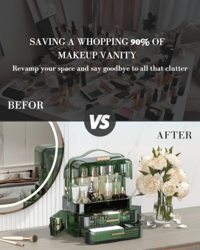 LINFIDITE Cosmetics Storage Box Transparent Lid Large Makeup Organizer Box Drawers Portable Handle Waterproof Dustproof 