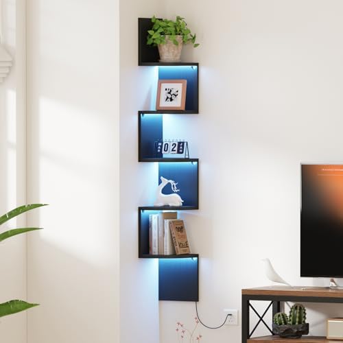 Qupui 5-Tier Corner Shelf with LED, 49" Floating Wall Shelf, Black