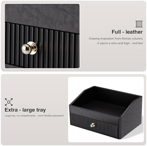 LADSTAG Vanity Organizer,Leather Skin Organizers with 1 Drawer&Tray,Large Capacity Black Vanity Organizers and Storage f