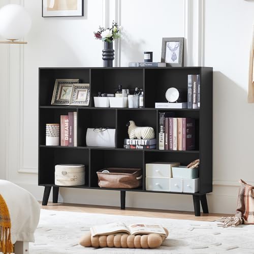 LEYAOYAO 10 Cube Bookshelf, Mid-Century Modern Book Shelf with Legs, Black
