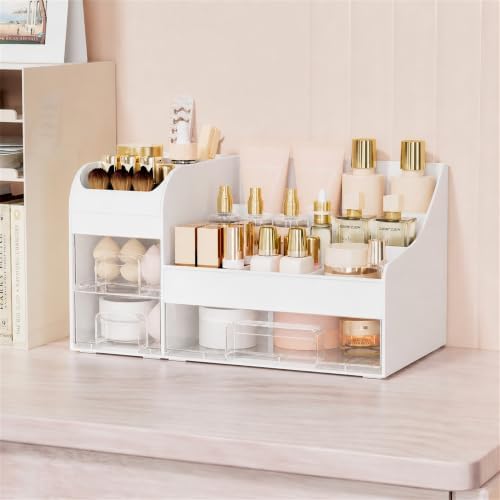 Extra Large Makeup Organizer for Vanity, 3 Drawers and Brush Holder, Countertop Cosmetic Storage for Skincare and Perfum