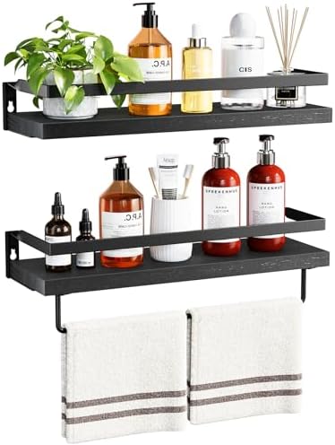 Amada Bathroom Shelves with Towel Bar, Set of 2, Black