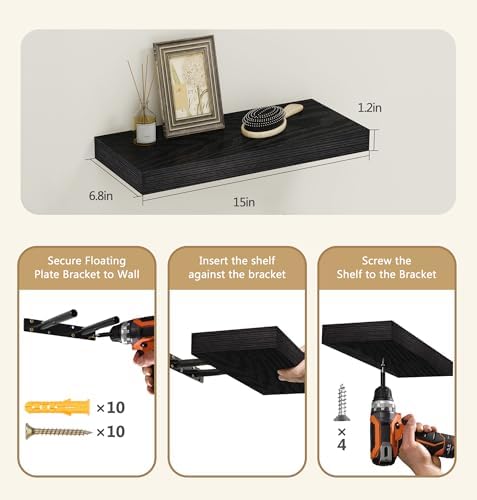 Vervida® Black Rustic Floating Wall Shelves 15in Set of 3 Hidden