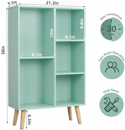 YAHARBO Small Green Bookshelf,3 Tier Modern Kids Bookcase with Legs,5 Cube Wooden Bookshelves Storage Shelf,Book Shelves