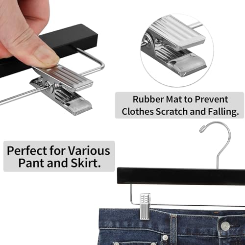 AMKUFO 20pcs Wooden Pants Hangers Solid Pants Hangers with Adjustable Clips 14 Inch Black Wood Skirt Hangers Trousers Bottom Hangers with Non-Slip Clips and 360° Swivel Hook