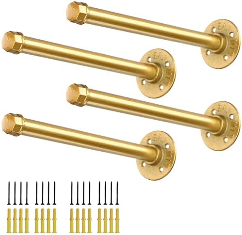 Gold Pipe Shelf Brackets 8 Inch, Industrial Metal Wall Brackets, Set of 4