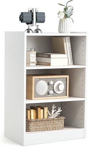3 Tier Cube Storage Organizer, Small White Bookshelf with 18-Position Adjustable Panels, Wooden Open Cubby Display Shelf