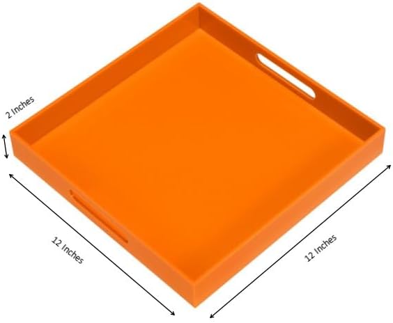KEVLANG Orange Sturdy Acrylic Serving Tray with Handles-12x12Inch-Serving Coffee,Food,Breakfast,Butler-Kitchen Countertop Tray-Makeup Drawer Organizer-Vanity Table,Ottoman Tray-Decorative Tray