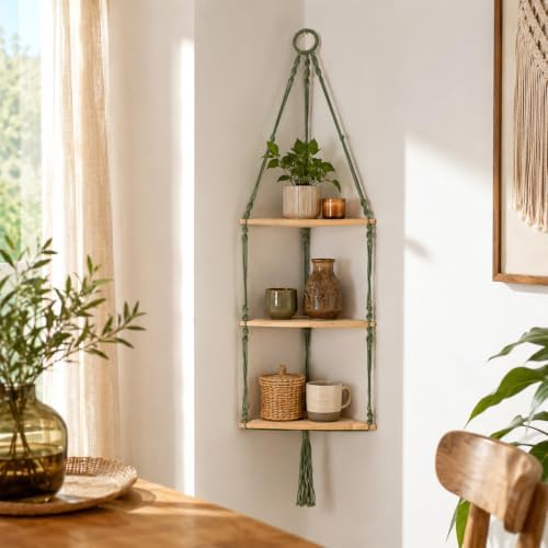 Artilady Corner Shelf Macrame Wall Hanging, Adjust Boho Storage Art, 3 Tier
