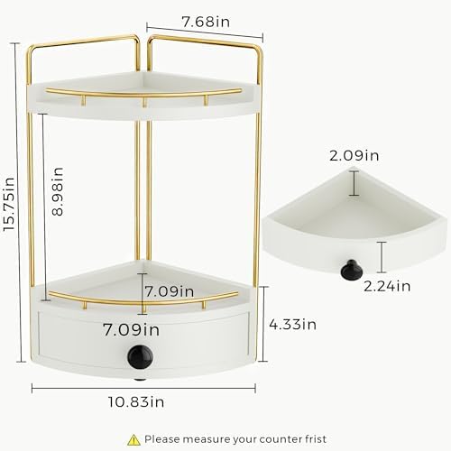 2-Tier Corner Bathroom Counter Organizer with Drawer, White Gold