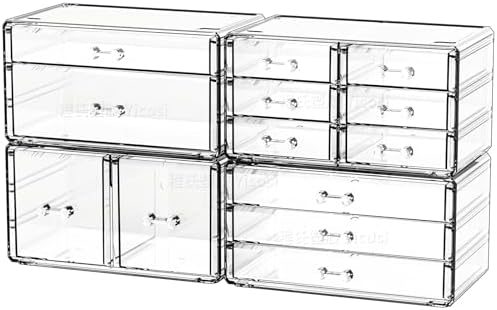 Cq acrylic 4 Pack Clear Acrylic Drawer Organizer Countertop,Stackable 13 Drawers Makeup Storage, Cube Make up Organizer 