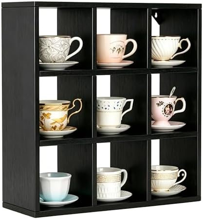 Helsin 9 Grid Vintage Coffee Mug Display Rack, 16inch Wall Mounted Wooden Curio Shadow Box Shelf, Cup Floating Shelves D