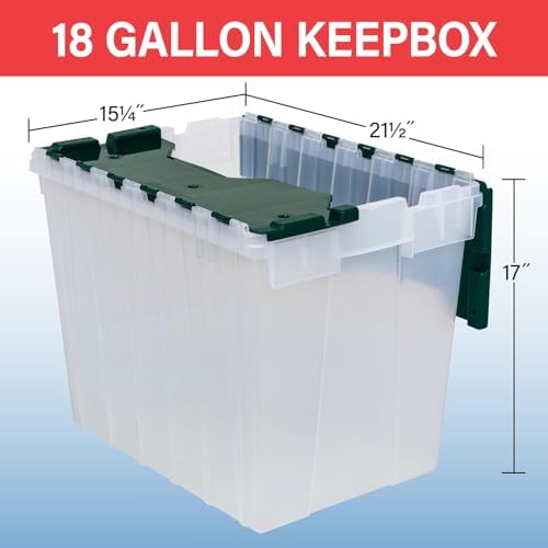 Akro-Mils KeepBox 18 Gal Storage Box, Lid Attached, Stackable, Clear/Green