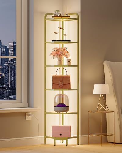 Hzuaneri Corner Shelf with LED Lighting, 6-Tier Glass Bookshelf