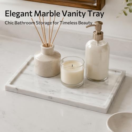 Carrara White Marble Tray, 12 Inch Marble Vanity Tray for Bathroom Countertop Dresser, Decor for Trinket Perfume Jewelry