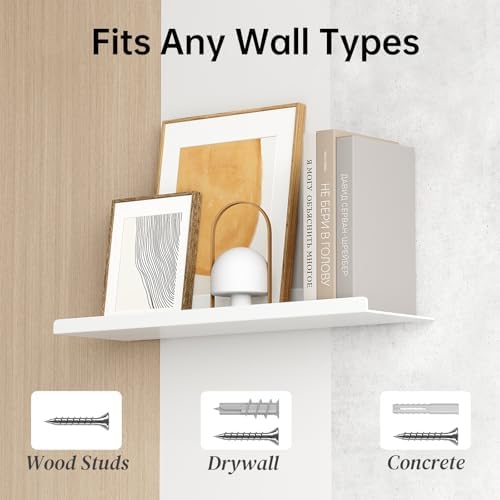 Floating Shelves for Wall, Off Center Metal Shelves for Living Room, White Floating Shelves for Wall Decor, 20” Hanging 