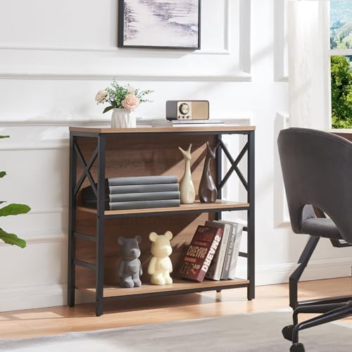 MNEETRUNG Small Bookshelf,3 Tier Industrial Bookcase with Metal Frame and Backboard,Low Rustic Brown Book Shelf,Book cas