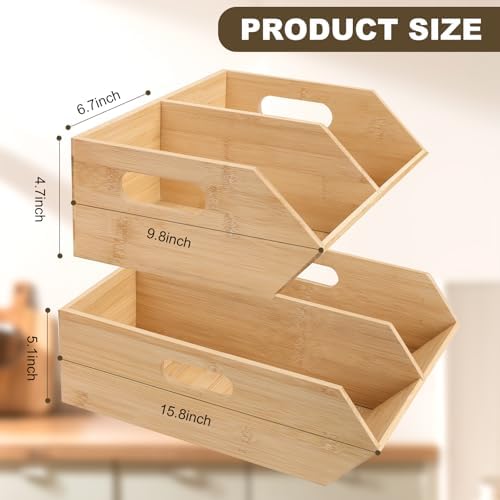 Bamboo Pantry Organizers and Storage Bins, 2 Set Stackable Baskets for Vegetables, Potatoes, Onion, Garlic, Bread - Bamb