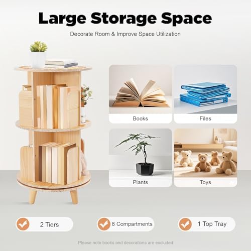 2 Tier Rotating Bookshelf with Legs, Small Corner Bookshelf Floor Standing Wooden Narrow Bookcase Organizer,Revolving Bo
