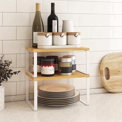 Kitchen Cabinet Organizer Shelf Set of 4, Sturdy Kitchen Counter Shelves with Metal Legs, Stackable Expandable Wood Spic