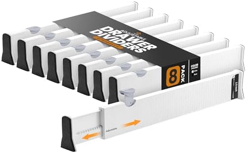 RAPTUROUS Adjustable Drawer Dividers, 2.5" Tall, Expandable 13-22", 8-Pack, Non-Slip for Dresser, Closet, Kitchen, Nursery, and Office (White)