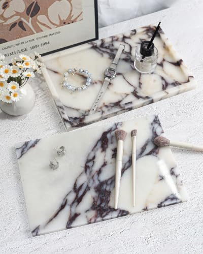 Real Luxurious Natural Marble Vanity Tray Genuine Marble Storage Tray for Home Decor Stone Tray for Bathroom/Kitchen/Van