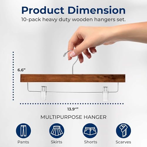 SereneLife 10 Pack Retro Wooden Pants Hangers with 360 Degree Swivel Hook