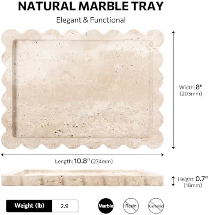 Travertine Bathroom Tray Countertop, Marble Vanity Tray for Home Decorative Dresser Organizer, Marble Scalloped Tray for